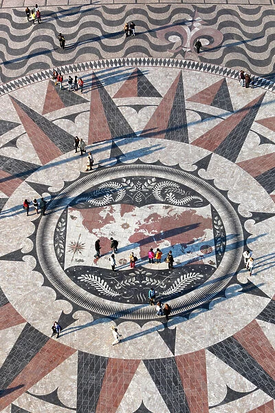 Pavement map showing routes of Portugese explorers below Monument to the Discoveries, Belem, Lisbon, Portugal, Europe