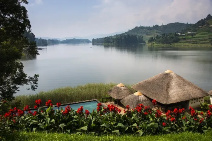 Framed Print : Pavilion and flowers at a viewpoint overlooking Lake Bunyonyi, Uganda, East Africa, Africa Framed Print : Pavilion and flowers at a viewpoint overlooking Lake Bunyonyi, Uganda, East Africa, Africa