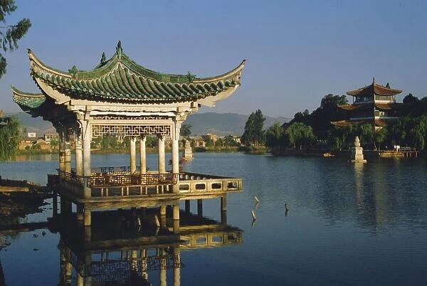 Pavilion and lake in a park, Kunming, Yunnan Province, China