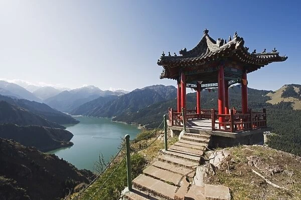 Pavilion overlooking Tian Chi (Heaven Lake), Xinjiang Province, China, Asia