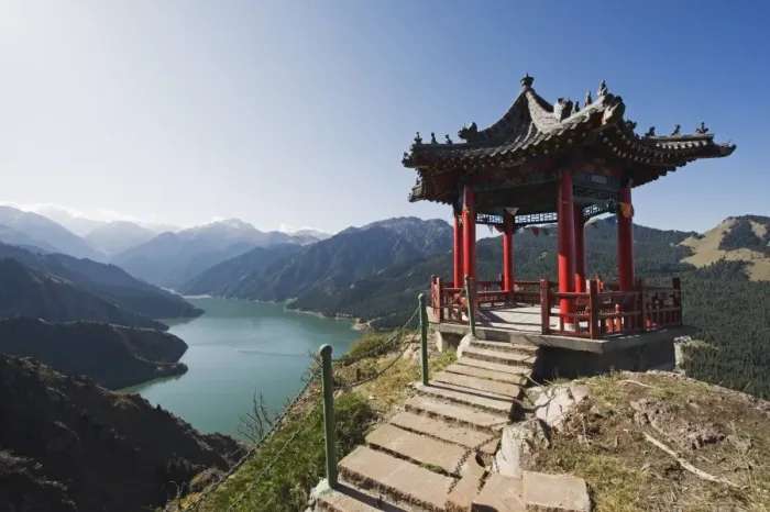 Framed Print : Pavilion overlooking Tian Chi (Heaven Lake), Xinjiang Province, China, Asia Framed Print : Pavilion overlooking Tian Chi (Heaven Lake), Xinjiang Province, China, Asia