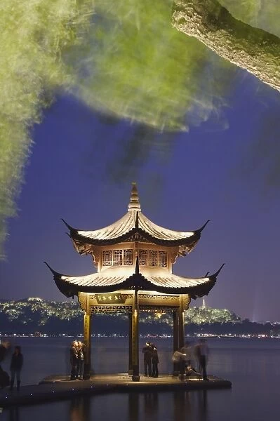 Pavilion on Xi HU (West Lake) at dusk, Hangzhou, Zhejiang, China, Asia
