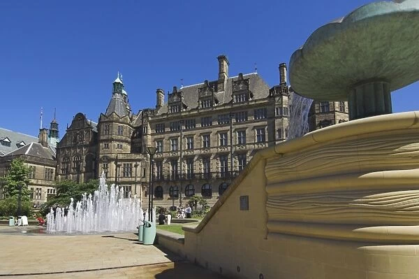 Peace gardens, fountains and Town Hall, Sheffield, Yorkshire, England, United Kingdom