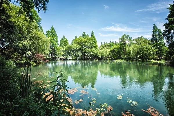 Peaceful lake scene with greenery at one of the lesser known spots at West Lake in Hangzhou