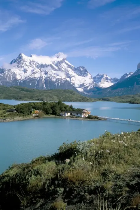 Framed Print : Peaks of Cerro Paine Grande (3050m), Lago Pehoe and hotel Pehoe, Torres del Paine National Park Framed Print : Peaks of Cerro Paine Grande (3050m), Lago Pehoe and hotel Pehoe, Torres del Paine National Park