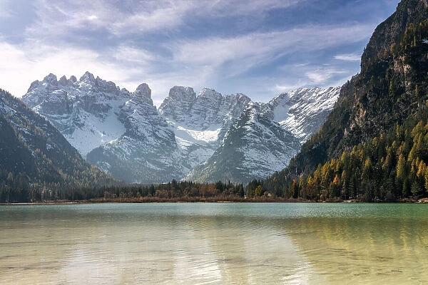 Peaks of Cristallo group view from the pristine Lake Landro, Dolomites, Dobbiaco