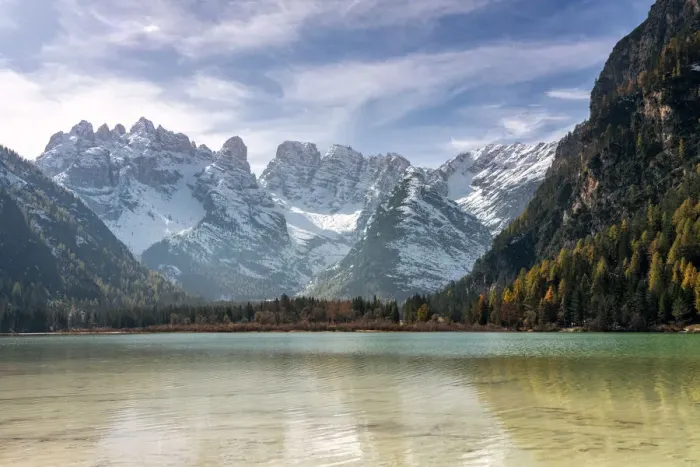 Framed Print : Peaks of Cristallo group view from the pristine Lake Landro, Dolomites, Dobbiaco Framed Print : Peaks of Cristallo group view from the pristine Lake Landro, Dolomites, Dobbiaco