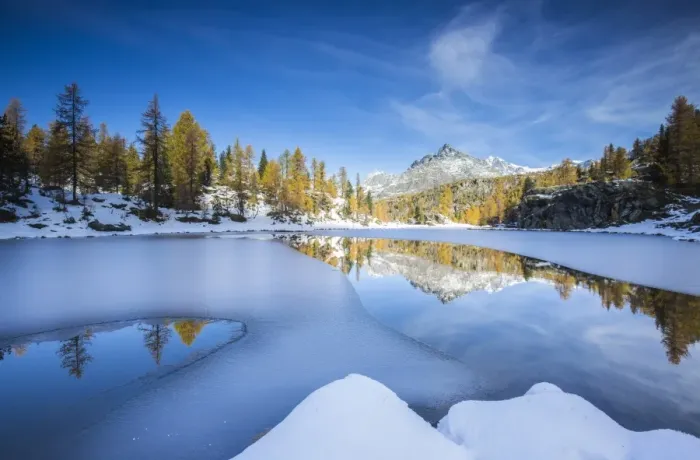 Framed Print : The peaks of Valmalenco in Valtellina reflecting in the water of the half frozen Lake Mufule, Lombardy, Italy, Europe Framed Print : The peaks of Valmalenco in Valtellina reflecting in the water of the half frozen Lake Mufule, Lombardy, Italy, Europe
