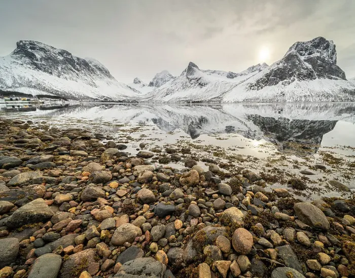 Framed Print : Pebbles and mountain reflections in fjord, Senja, Troms og Finnmark, Norway, Scandinavia, Europe Framed Print : Pebbles and mountain reflections in fjord, Senja, Troms og Finnmark, Norway, Scandinavia, Europe