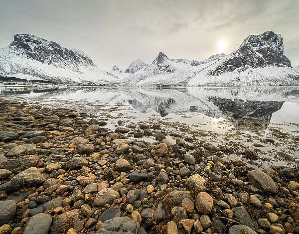 Pebbles and mountain reflections in fjord, Senja, Troms og Finnmark, Norway, Scandinavia, Europe
