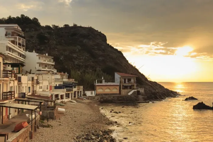 Framed Print : Pebbly cove with fishermens houses at sunrise, Palamos, Costa Brava, Girona, Catalonia Framed Print : Pebbly cove with fishermens houses at sunrise, Palamos, Costa Brava, Girona, Catalonia