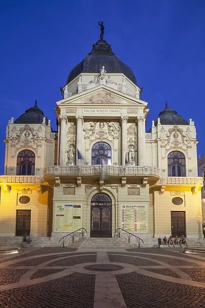 Pecs National Theatre at dusk, Pecs, Southern Transdanubia, Hungary, Europe