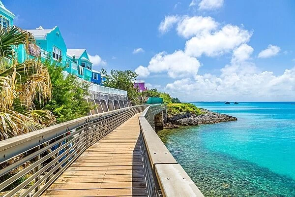 A pedestrian bridge on the Railway Trail footpath at Baileys Bay on the North Shore, Bermuda, Atlantic, Central America