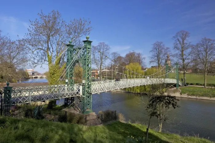 Framed Print : Pedestrian Suspension Bridge over River Severn, The Quarry Park, Shrewsbury Framed Print : Pedestrian Suspension Bridge over River Severn, The Quarry Park, Shrewsbury