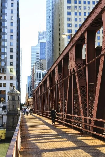 Pedestrians crossing a bridge over the Chicago River, Chicago, Illinois, United States of America, North America