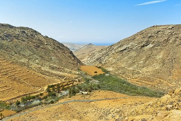 Penitas Ravine with dam and lake, popular hike in the eastern highlands, Vega de Rio Palmas, Fuerteventura, Canary Islands, Spain, Atlantic, Europe