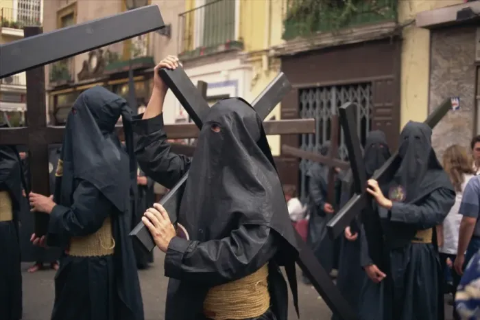Framed Print : Penitents bearing crosses in procession, Holy Week (Semana Santa), Seville Framed Print : Penitents bearing crosses in procession, Holy Week (Semana Santa), Seville