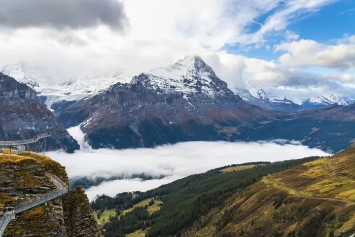 Framed Print : People admiring Mount Eiger from First Cliff Walk elevated walkway, Grindelwald Framed Print : People admiring Mount Eiger from First Cliff Walk elevated walkway, Grindelwald