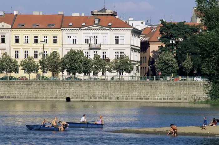 Framed Print : People boating on Vltava River below Smetana embankment, Stare Mesto, Prague Framed Print : People boating on Vltava River below Smetana embankment, Stare Mesto, Prague