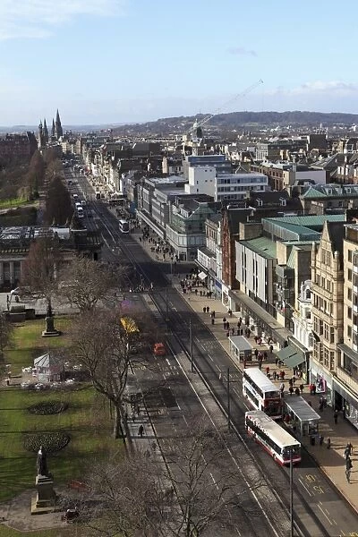People and buses on Princes Street in Edinburgh, Scotland, United Kingdom, Europe