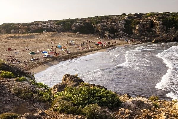 People on Calamosche Beach at sunset, near Noto, Vendicari Nature Reserve, South East Sicily, Italy, Mediterranean, Europe