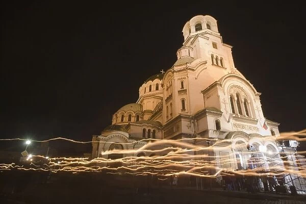 People with candles going round church during Easter celebrations, Aleksander Nevski church