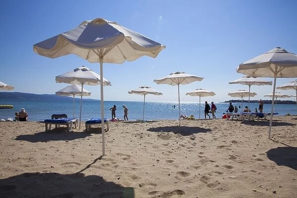 People enjoying the beach and sunshades, South Sunny Beach, Black Sea Coast