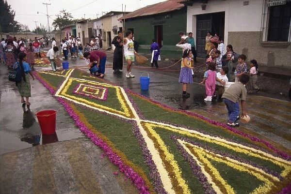 People making street carpet for Good Friday processions, Antigua, Guatemala