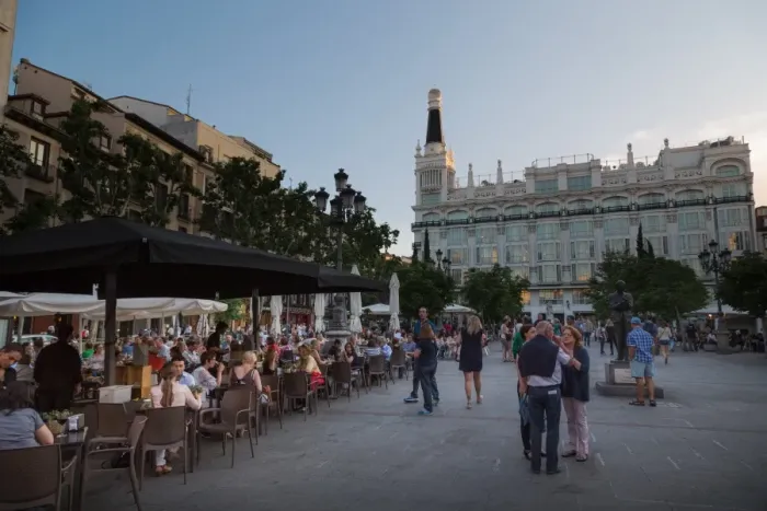 Framed Print : People relaxing in in the evening in Plaza de Santa Ana in Madrid, Spain, Europe Framed Print : People relaxing in in the evening in Plaza de Santa Ana in Madrid, Spain, Europe