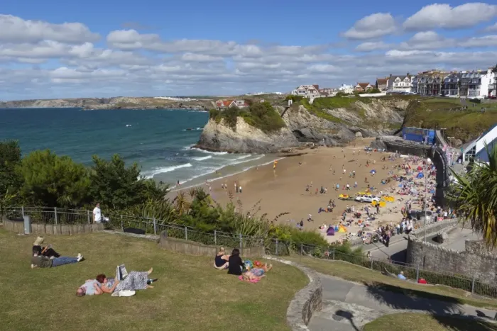 Framed Print : People relaxing in park above Towan beach, Newquay, Cornwall, England, United Kingdom, Europe Framed Print : People relaxing in park above Towan beach, Newquay, Cornwall, England, United Kingdom, Europe