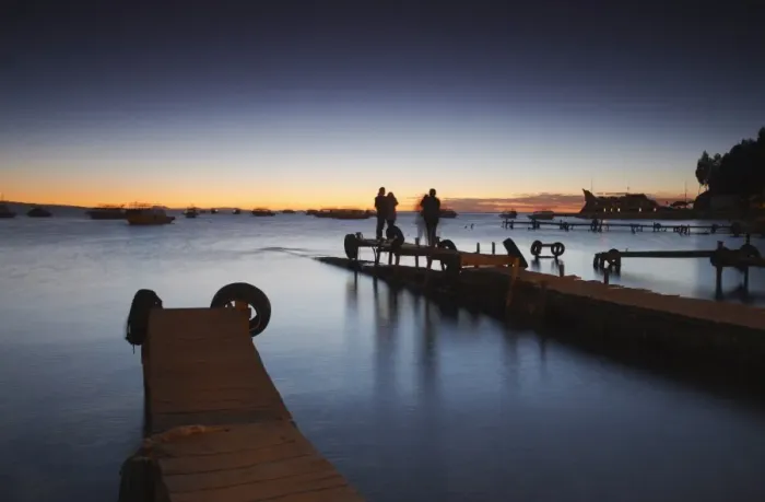 Framed Print : People standing on pier at sunset, Copacabana, Lake Titicaca, Bolivia, South America Framed Print : People standing on pier at sunset, Copacabana, Lake Titicaca, Bolivia, South America
