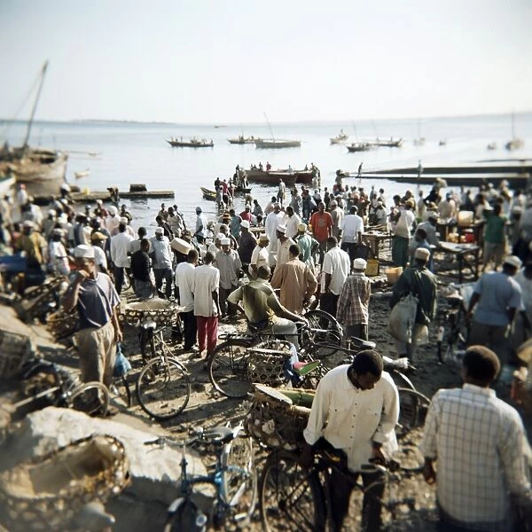 People waiting on beach for dhows to land fish, Stone Town, Zanzibar, Tanzania