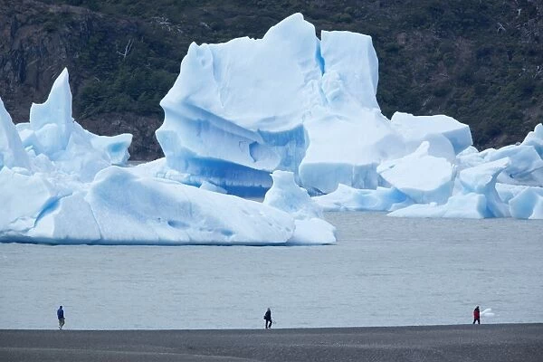 People walking near floating icebergs, Lago Gray (Lake Gray), Torres del Paine National Park