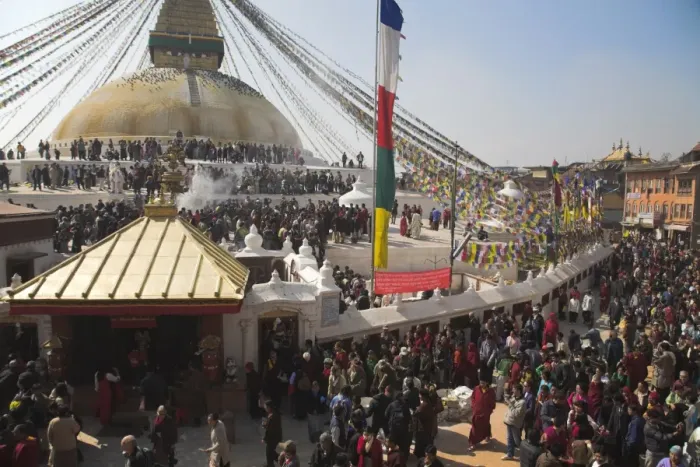 Framed Print : People walking round base of stupa during Lhosar