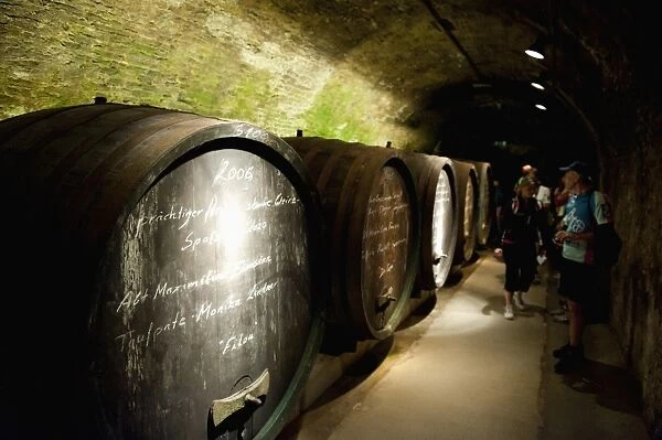 People and wine barrels inside cellar of Loisium Winery, Langelois, Niederosterreich