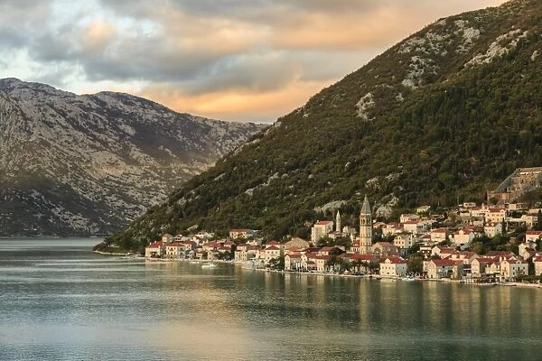 Perast at sunset, elevated view, from a cruise ship, Bay of Kotor, UNESCO World Heritage Site