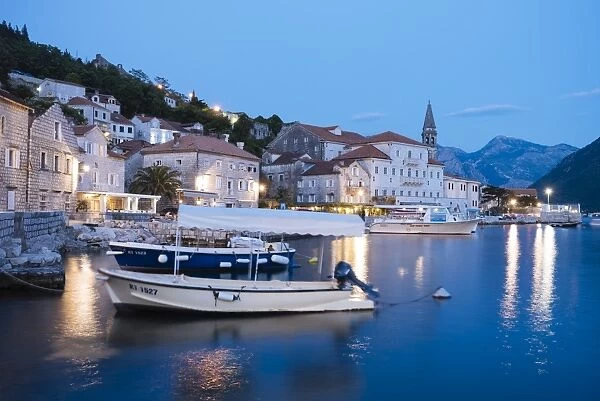 Perast at twilight, Bay of Kotor, UNESCO World Heritage Site, Montenegro, Europe
