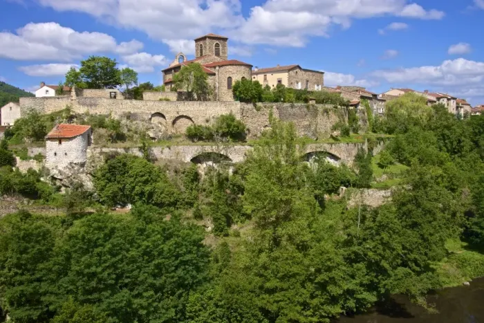 Framed Print : Perched medieval village, Saint Vincent church dating from the 12th century, and Allier River Framed Print : Perched medieval village, Saint Vincent church dating from the 12th century, and Allier River