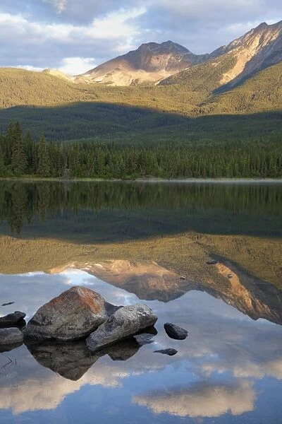 Perfect reflection, early morning light at Pyramid Lake, Jasper National Park