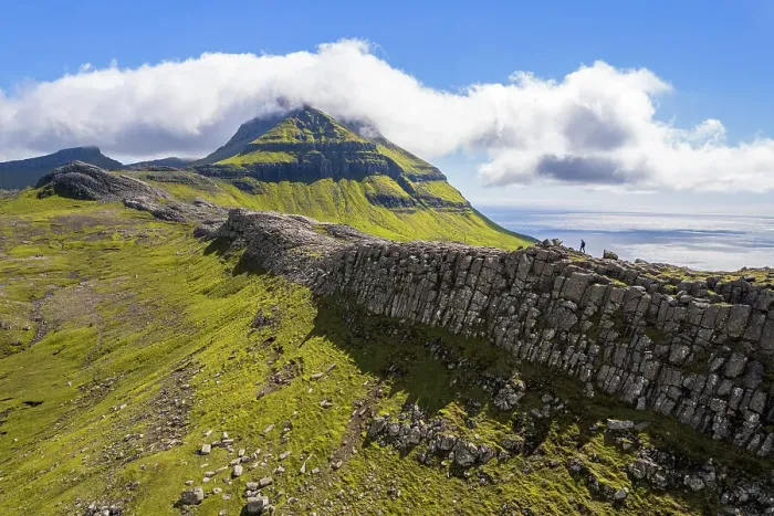 Framed Print : One person hikes the ridge toward the Skaelingsfjall mountain, Streymoy island, Faroe islands, Denmark, Europe