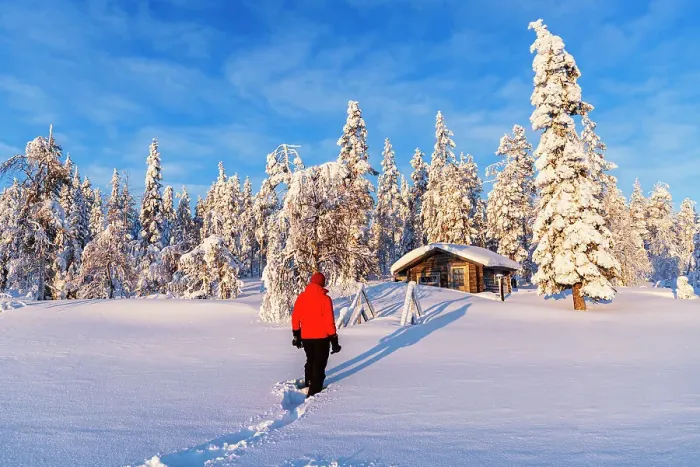 Framed Print : Person stands in front of an isolated mountain hut among trees covered with snow, Swedish Lapland, Norrbotten, Sweden, Scandinavia, Europe Framed Print : Person stands in front of an isolated mountain hut among trees covered with snow, Swedish Lapland, Norrbotten, Sweden, Scandinavia, Europe