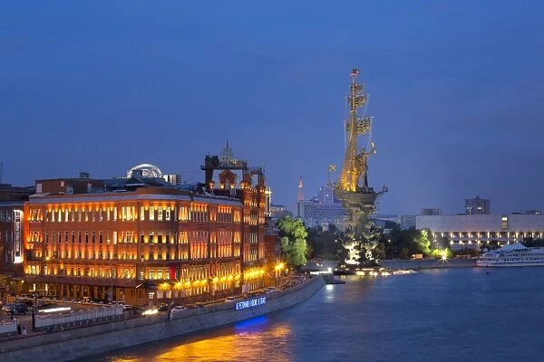 Peter The Great Statue and River Moskva at night, Moscow, Russia, Europe