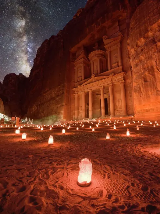 Framed Print : Petra Treasury (El Khazneh) by night illuminated by small lanterns and the Milky Way in the sky, Petra, UNESCO World Heritage Site, Jordan, Middle East