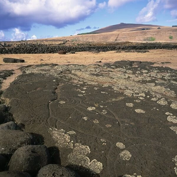 A petroglyph on rock at Ahu Tongariki on Easter Island (Rapa Nui), Chile, South America