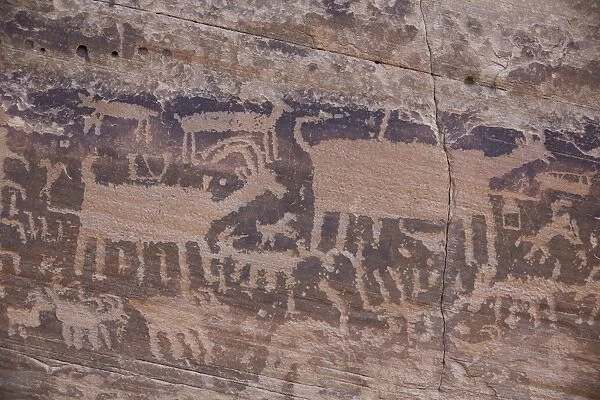 Petroglyphs on the Kohta Circus petroglyph panel, Gold Butte, Nevada, United States of America, North America