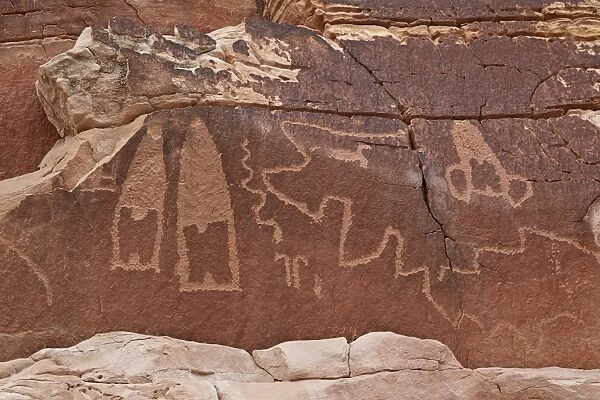 Petroglyphs near the Kohta Circus petroglyph panel, Gold Butte, Nevada, United States of America, North America