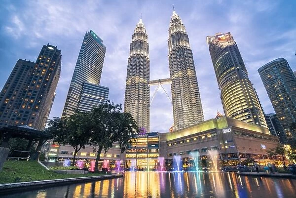 Petronas Twin Towers light display at night, Kuala Lumpur, Malaysia, Southeast Asia, Asia