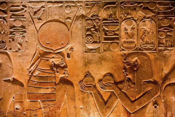 Framed Print : Pharaoh Seti I on right, Goddess Hathor on left, Bas Relief, Tomb of Seti I, KV17, Valley of the Kings, Ancient Thebes, UNESCO World Heritage Site, Luxor, Egypt, North Africa, Africa