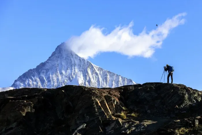Framed Print : Photographer in action in front of the snowy Weisshorn, Zermatt, Valais, Pennine Alps Framed Print : Photographer in action in front of the snowy Weisshorn, Zermatt, Valais, Pennine Alps