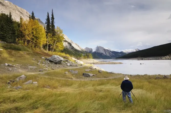 Framed Print : Photographer at Medicine Lake, Jasper National Park, UNESCO World Heritage Site Framed Print : Photographer at Medicine Lake, Jasper National Park, UNESCO World Heritage Site